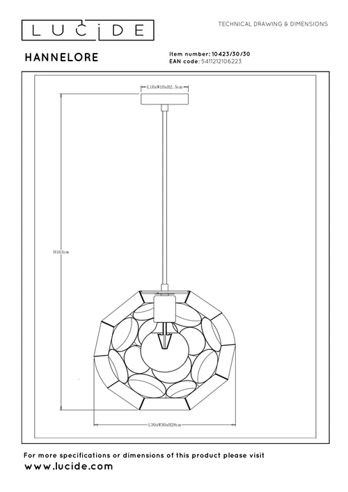Lucide HANNELORE - Hanglamp - Ø 30 cm - 1xE27 - Zwart - technisch